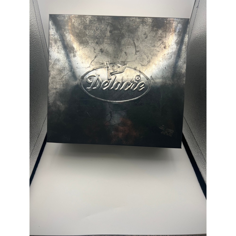 Vintage Delacre Embossed Metal Cookie Tin Square Silver Storage Container Lid